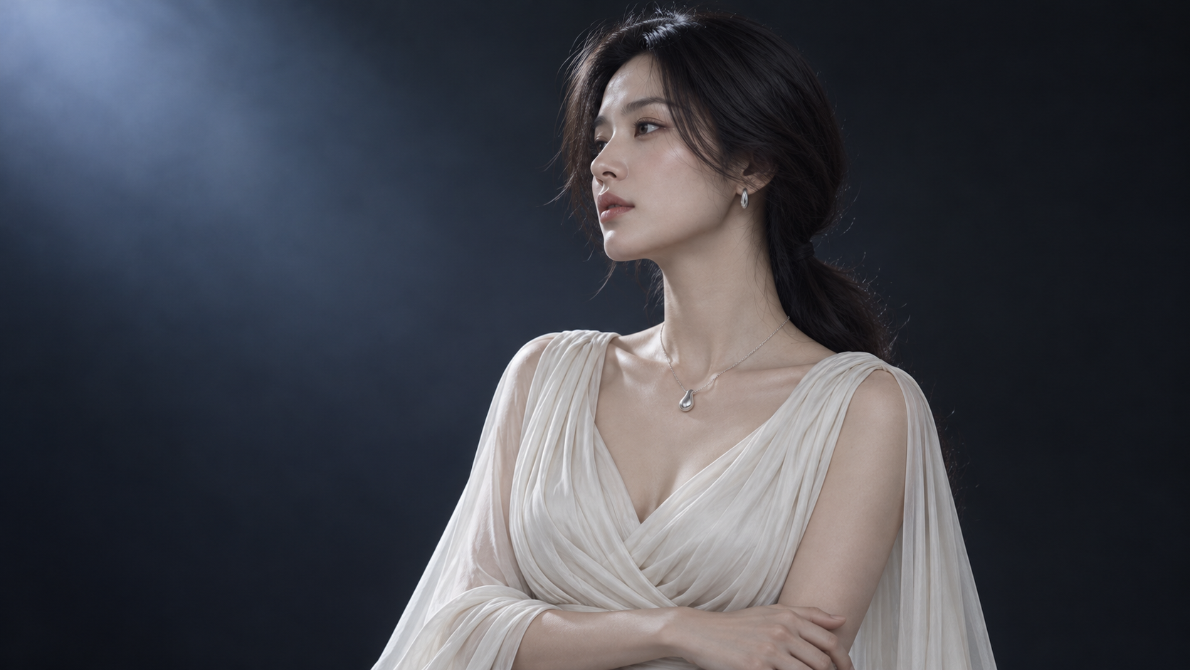허리 앞에 팔을 모은 측면 화보 · AI 연출 화보