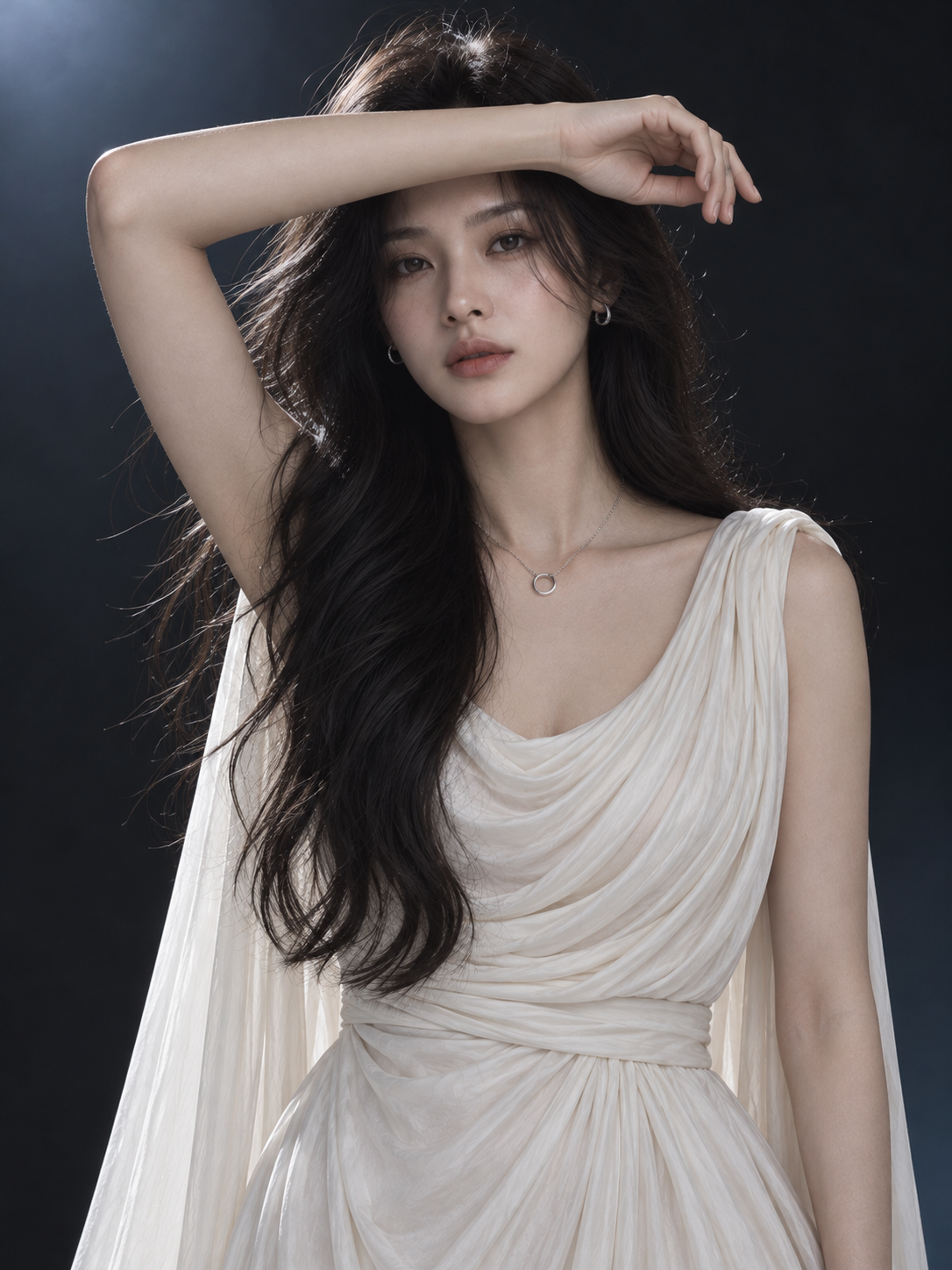 이마 위로 팔을 올린 정면 화보 · AI 연출 화보
