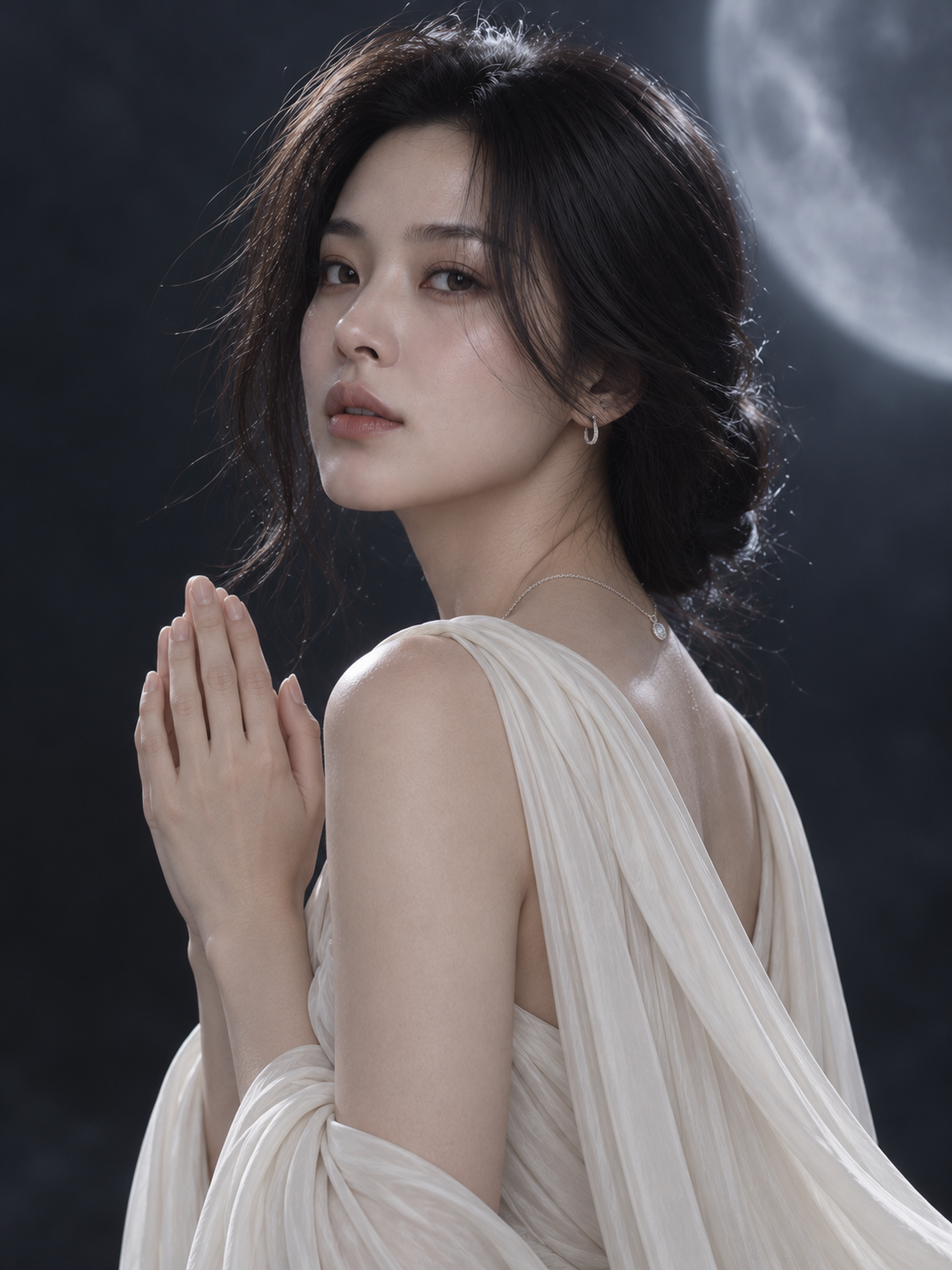 몸을 돌려 돌아보며 두 손을 모은 화보 · AI 연출 화보
