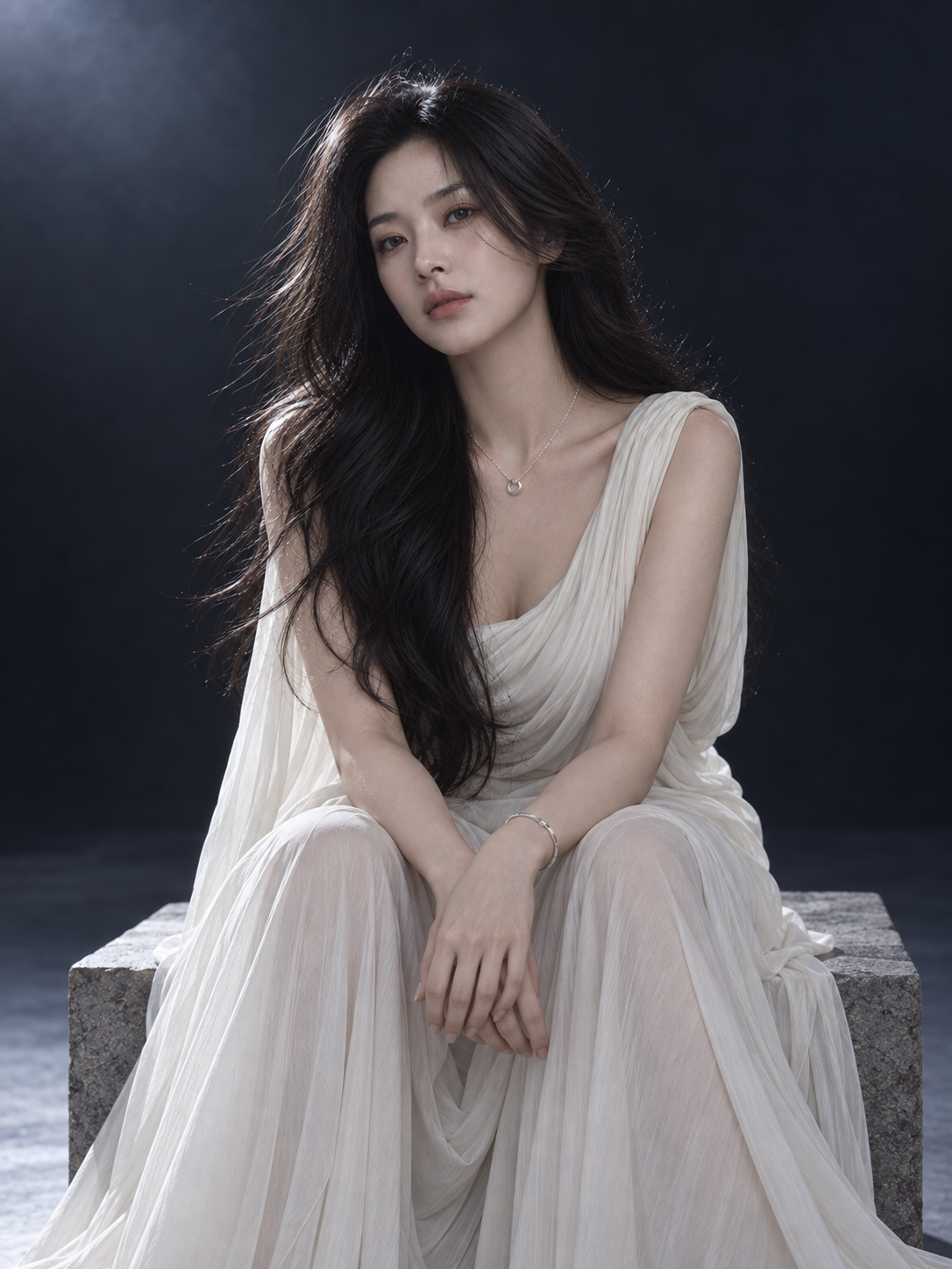낮은 받침에 앉아 두 손을 모은 화보 · AI 연출 화보