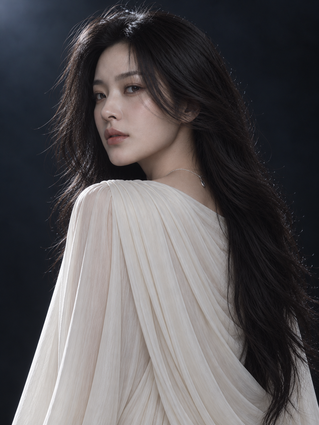 등을 돌리고 어깨 너머를 바라보는 화보 · AI 연출 화보
