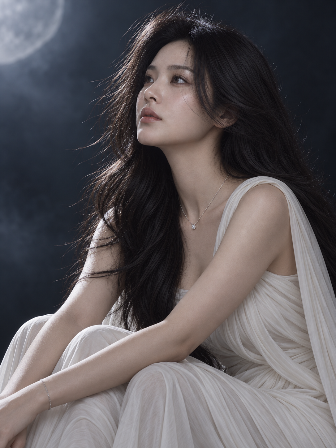 옆으로 앉아 빛을 올려다보는 화보 · AI 연출 화보