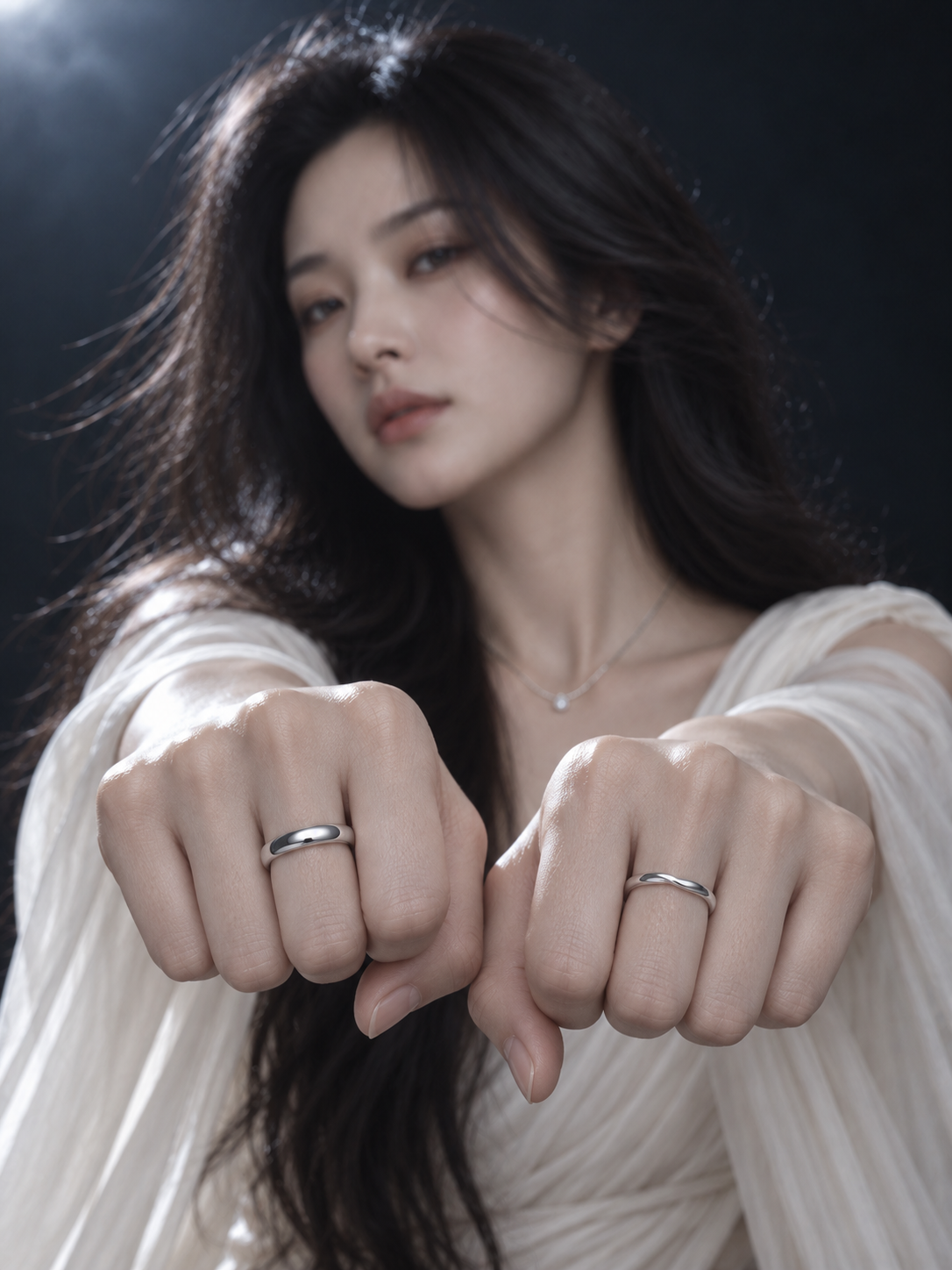 카메라 앞으로 양손을 내밀어 반지를 강조한 화보 · AI 연출 화보
