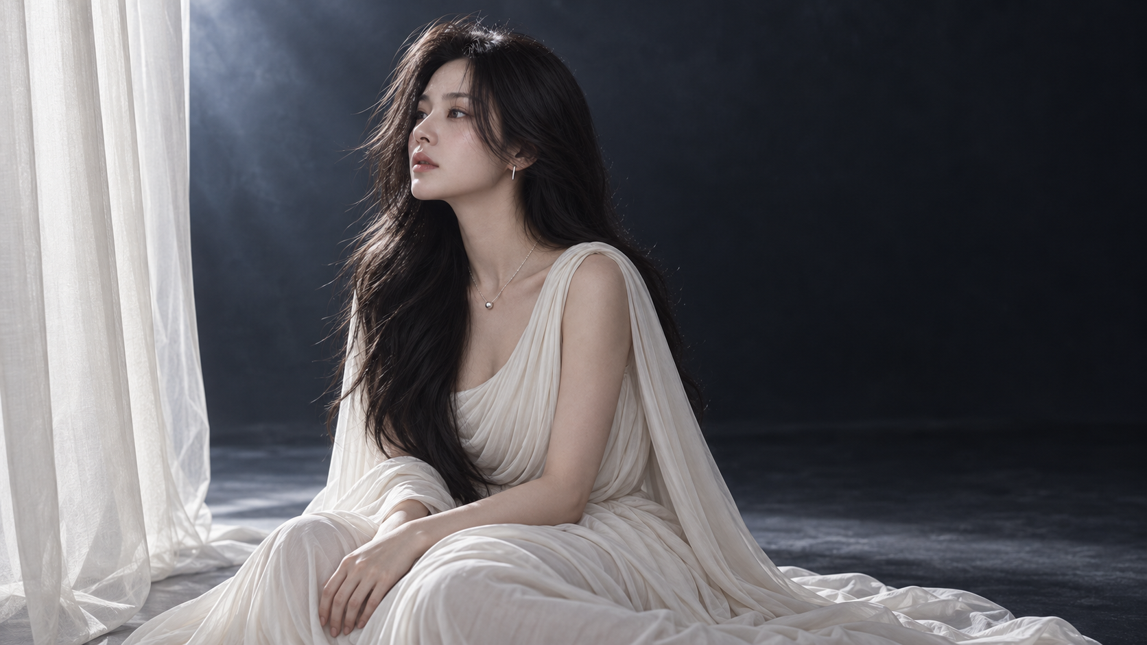커튼 옆에 앉아 빛을 바라보는 전신 구도 · AI 연출 화보