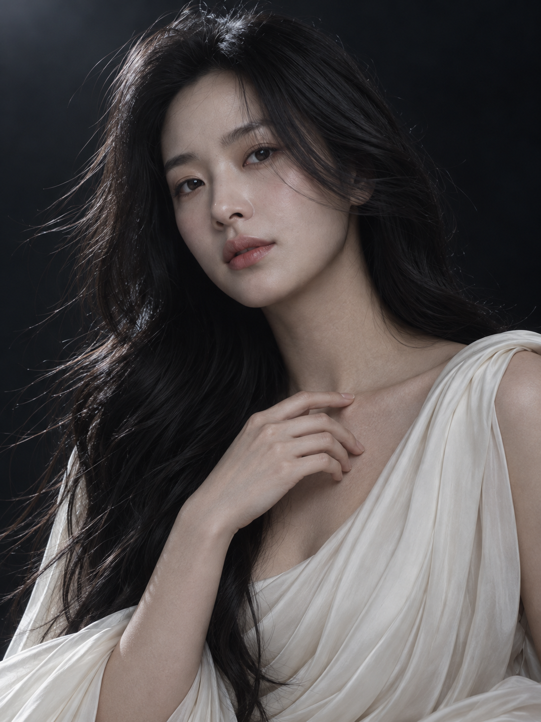 목선에 손을 가볍게 둔 정면 화보 · AI 연출 화보